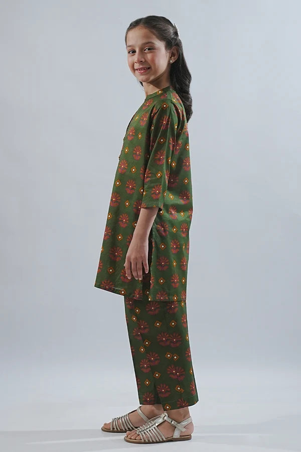 Saya | Kids 2-Piece | Olive Green Printed Shirt & Trouser Set - 100% Original Brand Product Main Image