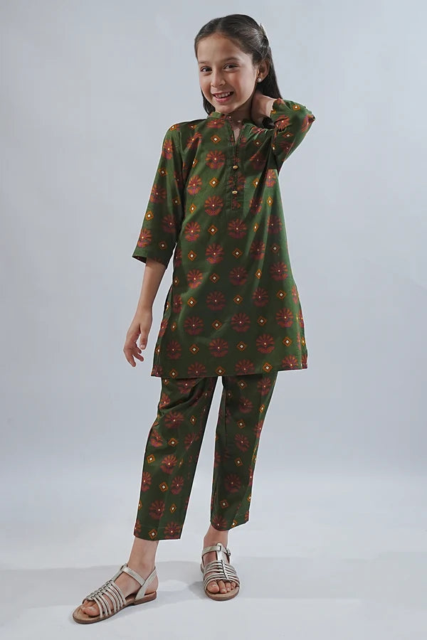 Saya | Kids 2-Piece | Olive Green Printed Shirt & Trouser Set - 100% Original Brand Product Hover Image