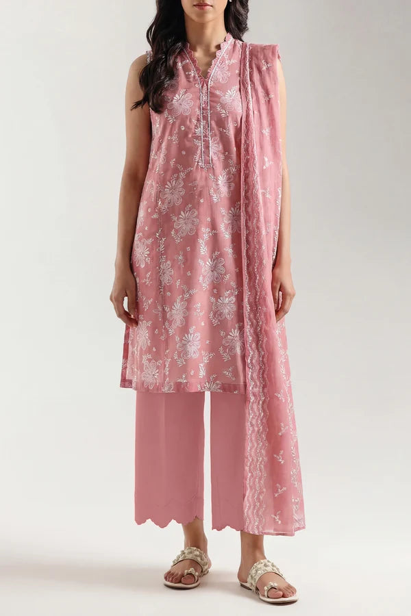 SAYA | Unstitched Lawn 3 Piece | Mauve Floral Printed Lawn Suit Hover Image