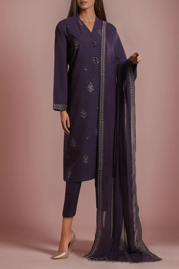 Saya | Embroidered Self Jacquard 3 Piece With Chiffon Dupatta - 100% Original Brand Product Hover Image