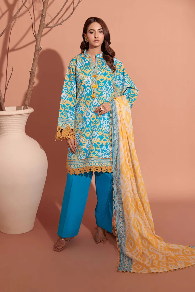 Bonanza Satrangi | 3-Piece Unstitched Suit | Cyan - 100% Original Brand Product