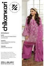 Chikankari Embroidered Cotton 3 Piece in Plum Color - 100% Original Brand Product