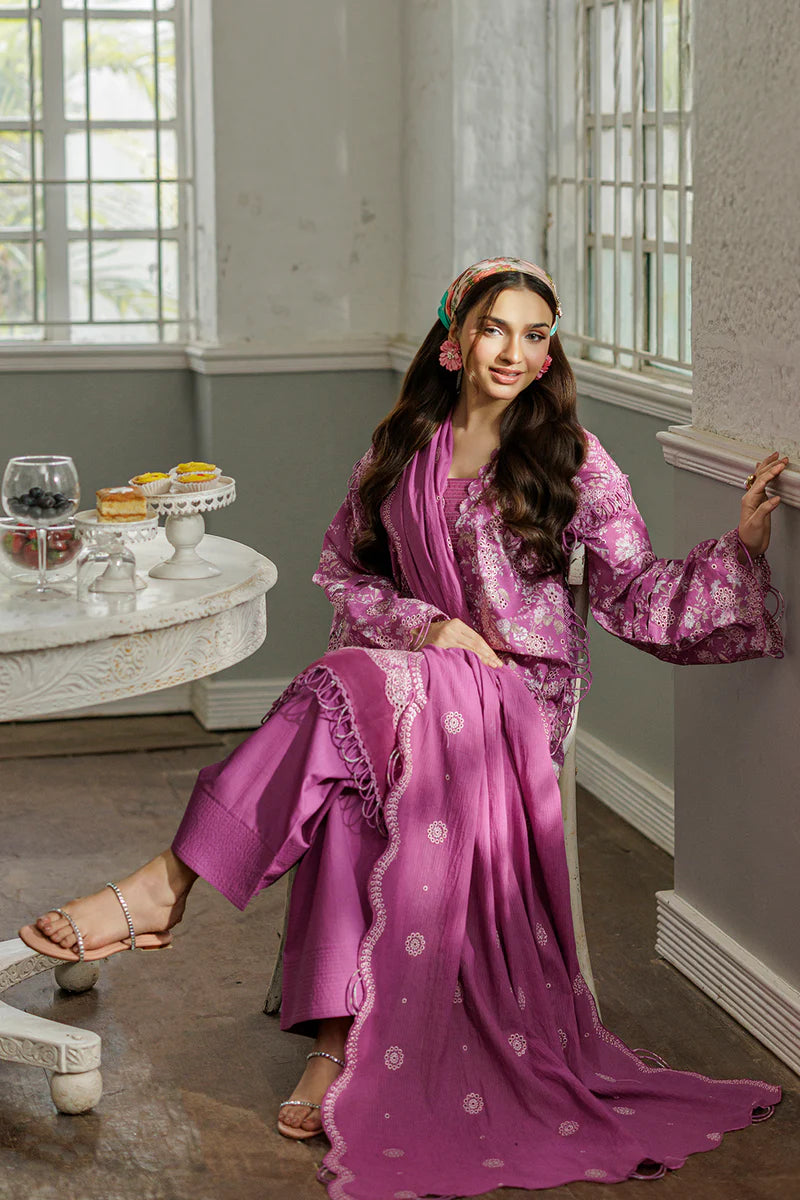 Chikankari Embroidered Cotton 3 Piece in Plum Color - 100% Original Brand Product