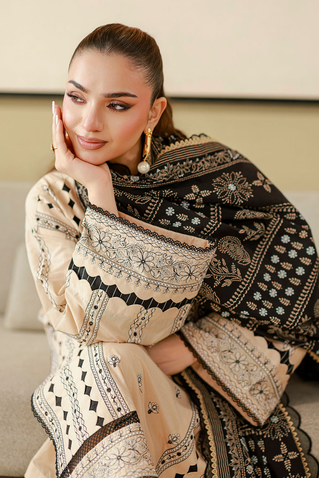 Zellbury | Women Unstitched Suits | Zellbury Beige and Black Printed Chikankari 3-Piece Suit WUC26E34047 - 100% Original Brand Product