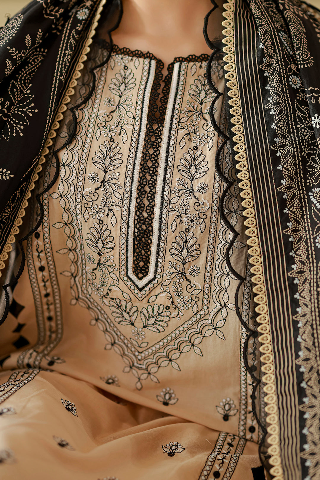 Zellbury | Women Unstitched Suits | Zellbury Beige and Black Printed Chikankari 3-Piece Suit WUC26E34047 - 100% Original Brand Product