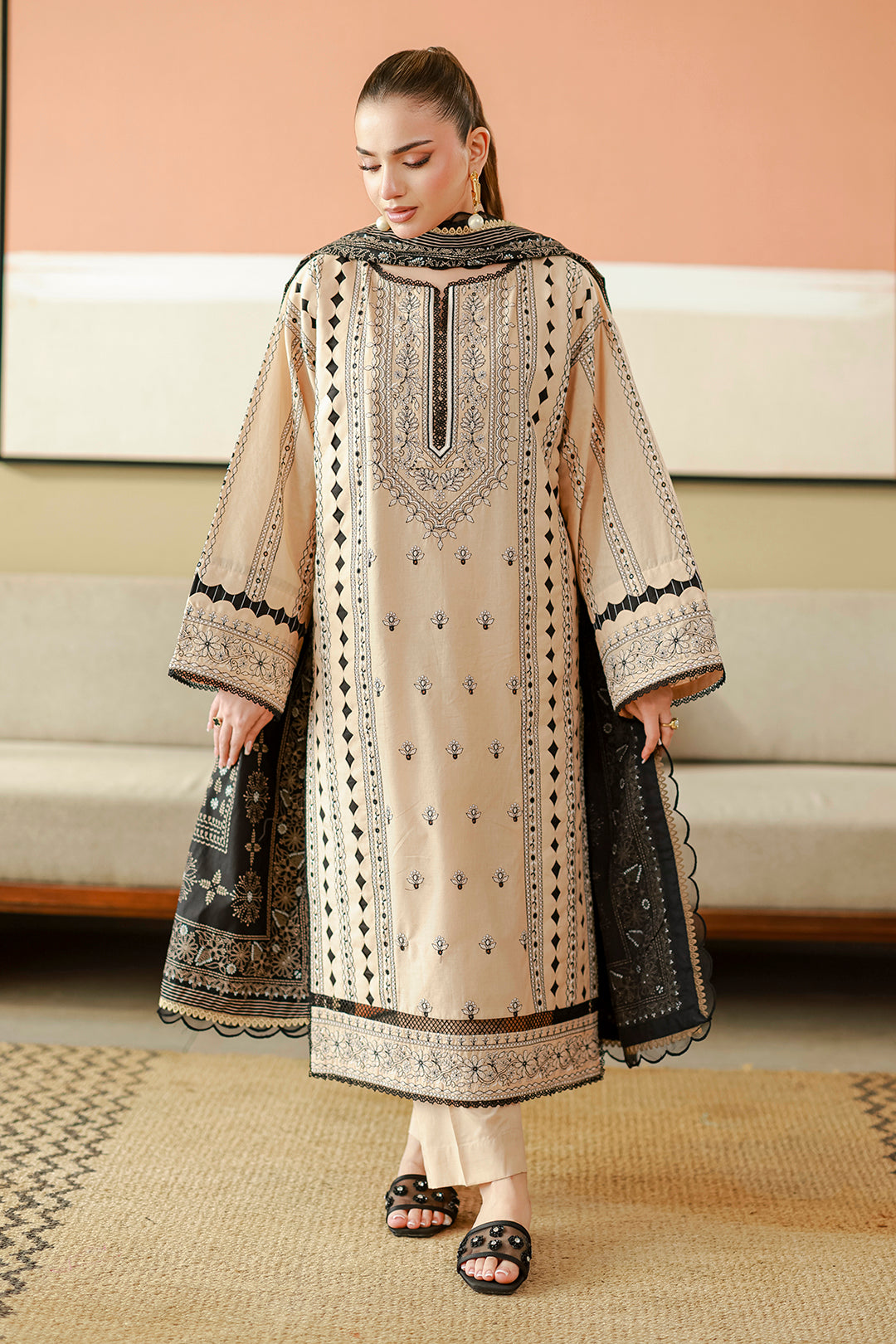 Zellbury | Women Unstitched Suits | Zellbury Beige and Black Printed Chikankari 3-Piece Suit WUC26E34047 - 100% Original Brand Product