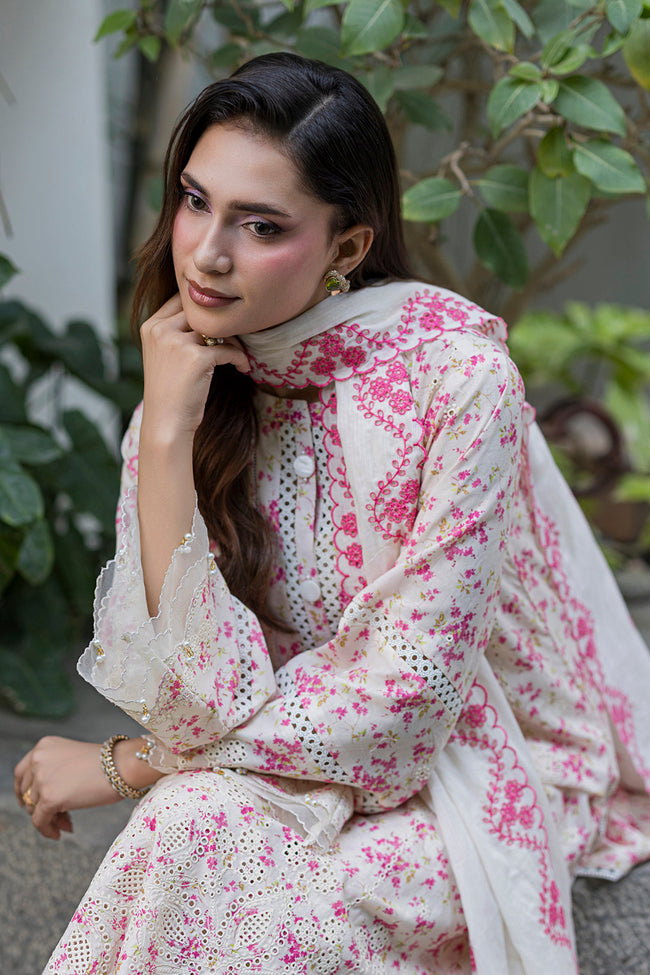 Zellbury | Women Unstitched Suits | Zellbury White and Pink Floral Embroidered Chikankari 3-Piece Suit WUS26E34096 - 100% Original Brand Product Hover Image