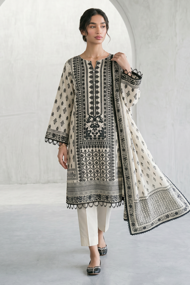 ZELLBURY WUS26X31088 Monochrome Printed Lawn 3-Piece Suit - 100% Original Brand Product Hover Image