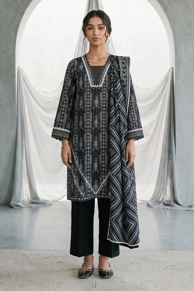 ZELLBURY Monochrome Printed Lawn Suit WUS26X31142 - 100% Original Brand Product Hover Image